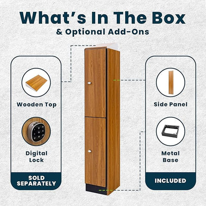 Alpine 2 Door Wooden Locker Cabinet - 72" Expandable Commercial Storage Lockers for Gym, Spa, Office & Golf Club - Includes Metal Base & Lock-Ready Handle, Single Column 2 Tier - Oak