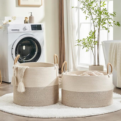 KAKAMAY Cotton Rope Storage Basket (20"x13"),Woven Hamper for Blankets,Toys,Pillows,Clothes,Laundry,Sturdy Handles Decorative Basket for Living Room, Bedroom,Nursery(Beige)