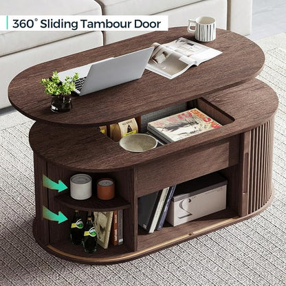 LINSY Lift Top Coffee Table, Oval Fluted Coffee Table with Storage, Mid Century Modern Wooden Coffee Tables with Sliding Tambour Door, 39" Center Table for Living Room, Office, Small Space, Walnut