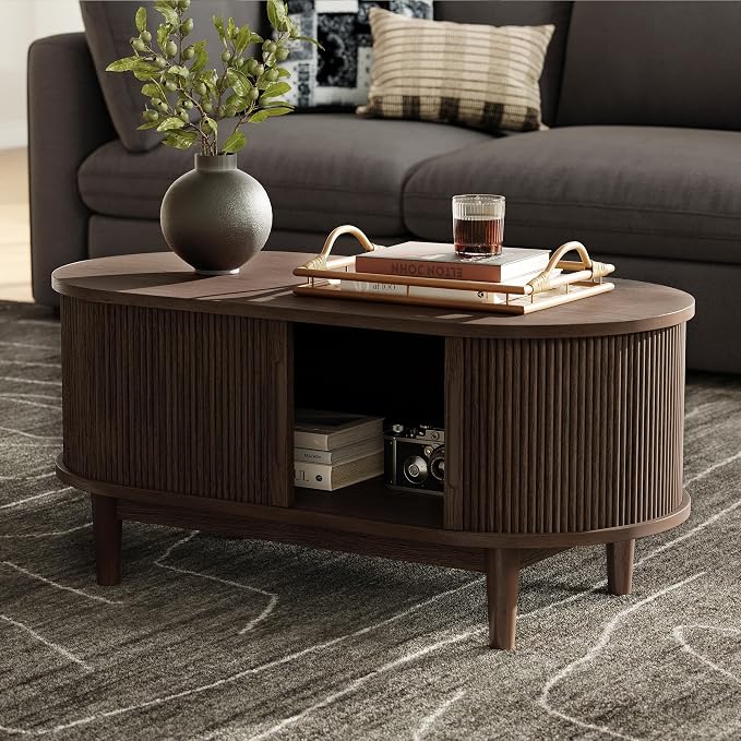 LINSY HOME Oval Coffee Table, Wood Coffee Table with Storage, Fluted Accent Center Table with Sliding Tambour Door, 39" Mid Century Modern Coffee Tables for Living Room, Bedroom, Apartment, Walnut