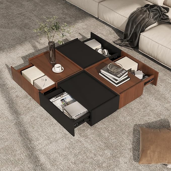 Coffee Table with Storage,Modern Center Table with 4 Hidden Drawers for Living Room,Rectangle Coffee Table for Home Furniture,Bedroom,Dark Walnut and Black