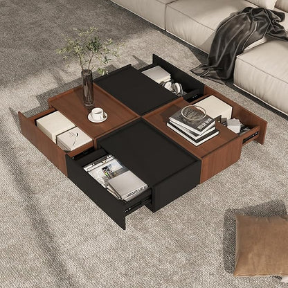 Coffee Table with Storage,Modern Center Table with 4 Hidden Drawers for Living Room,Rectangle Coffee Table for Home Furniture,Bedroom,Dark Walnut and Black