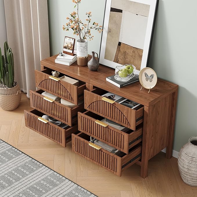 6 Drawer Dresser, Farmhouse Fluted Chest of Drawers, Wooden End Table, Mid- Century Modern Bedroom Nightstand Side Table for Bedrooms, Closets, Hallways, and Entryways, Walnut X2