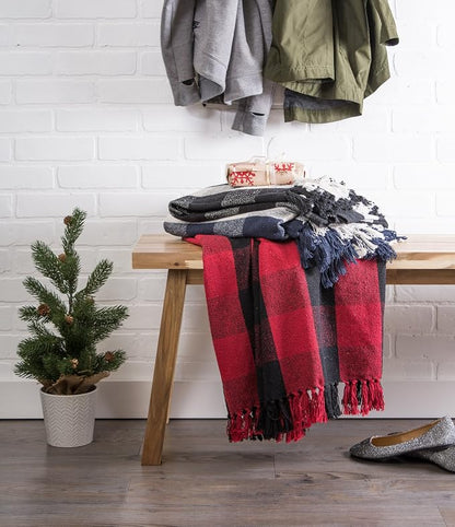 DII Buffalo Check Collection Rustic Farmhouse Throw Blanket with Tassles, 50x60, Tango Red/Black