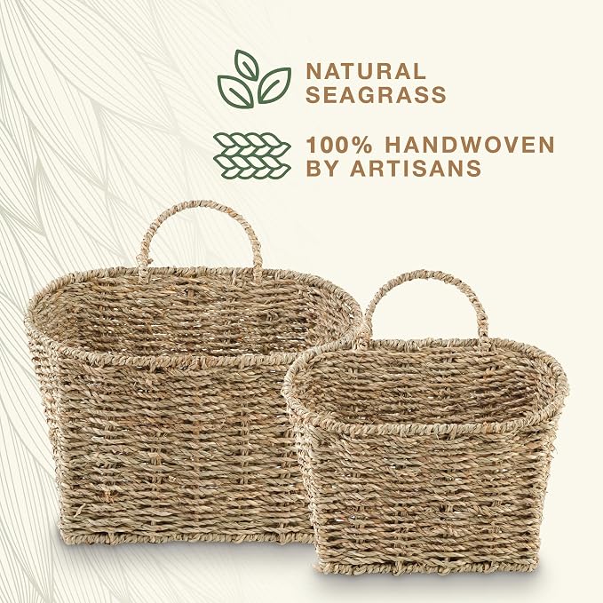 84ECO Set of 2 Seagrass Hanging Baskets for Organizing, Front Door, Mail, Flowers