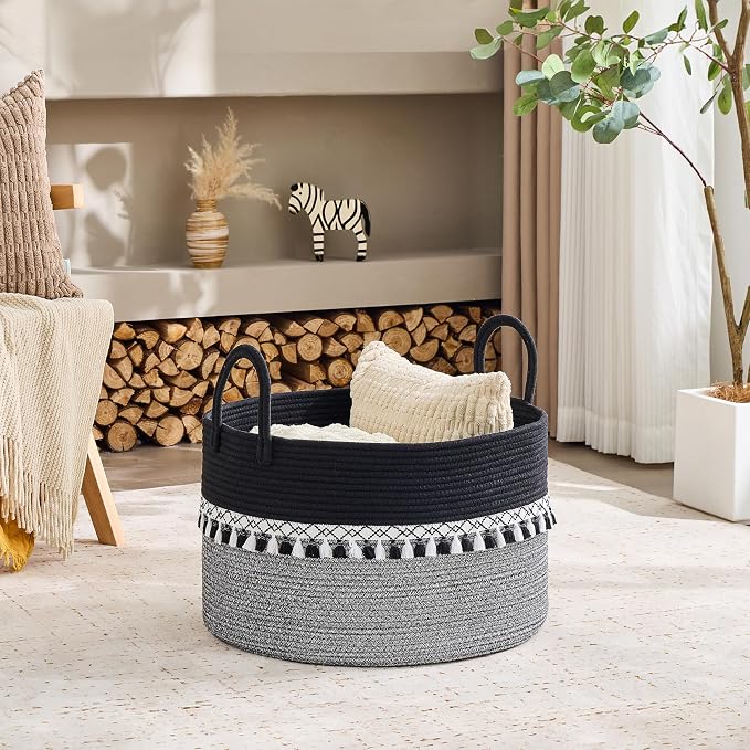 KAKAMAY Cotton Rope Storage Basket (20"x13"),Woven Hamper for Blankets,Toys,Pillows,Clothes,Laundry,Sturdy Handles Decorative Basket for Living Room, Bedroom,Nursery(Black Printing)