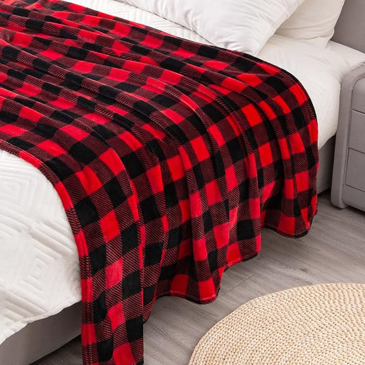 BEDELITE Flannel Blanket for Couch, Red & Black Plaid Fleece Twin Blanket, Soft & Warm Buffalo Plaid Decor Gift Blanket for Women, Men, 60"x80"
