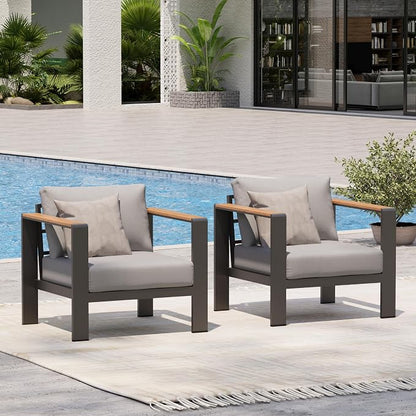 Aluminum Outdoor Patio Furniture Armchair, All-Weather Outdoor Patio Sofa with Washable Thick Cushion, Patio Sofa Couch Set of 2 for Porch, Balcony, Deck, Yard, Gray