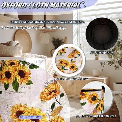Vintage Sunflowers Laundry Basket Oxford Cloth Foldable Yellow Floral Laundry Hamper With Handle Portable Clothes Storage Organizer Basket 18.9x16.5 Inch Laundry Bag For Laundry Room/Bedroom/Bathroom