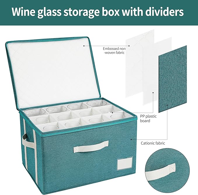 Stemware Storage Cases,Wine Glass Storage Box,with Dividers,Holds 12 Red or White Wine Glasses, Durable Glassware Storage Containers for Crystal or Stemware (Green white, 2 Stemware storage cases)