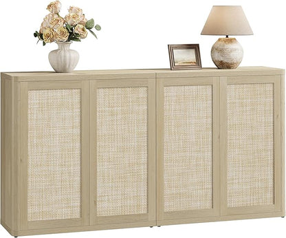 SICOTAS Rattan Buffet Sideboard Storage Cabinet - 64" Modular Boho Farmhouse Credenza Stand with Adjustable Shelves, Large Coffee Bar Console Cabinet for Living Room, Kitchen, Entryway (2 PCS)