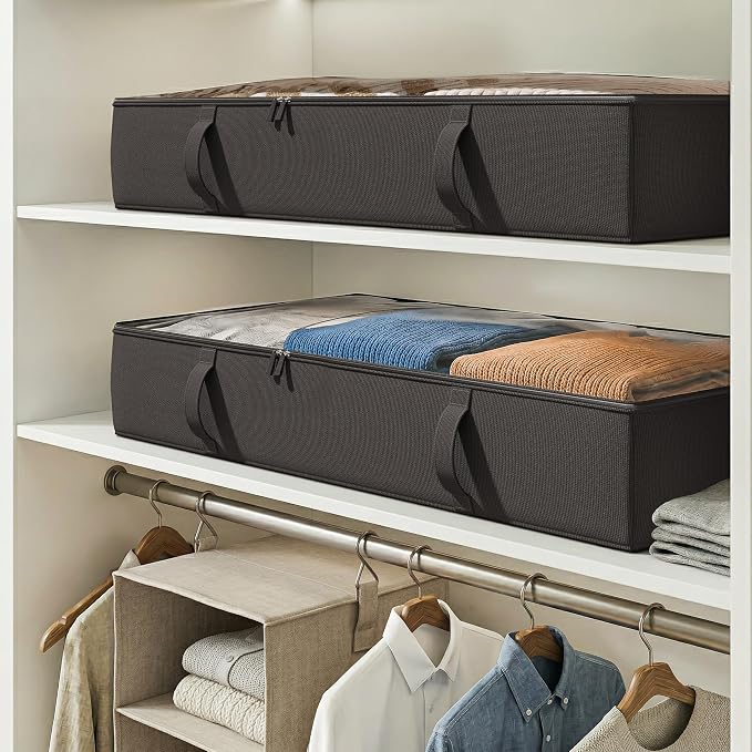 Vailando Under Bed Storage Containers, 6 Inches Tall 60L Underbed Storage Bins with Sturdy Handles and Sidewalls, Closet Organizer for Clothes, Blankets, Seasonal Items, Black, 2-Pack