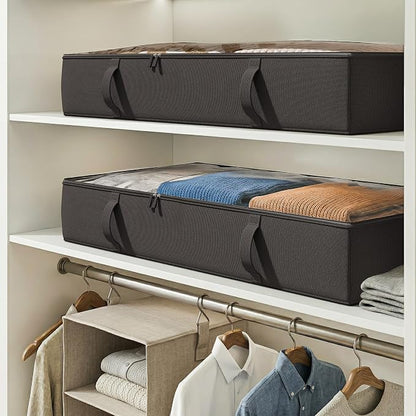 Vailando Under Bed Storage Containers, 6 Inches Tall 60L Underbed Storage Bins with Sturdy Handles and Sidewalls, Closet Organizer for Clothes, Blankets, Seasonal Items, Black, 2-Pack