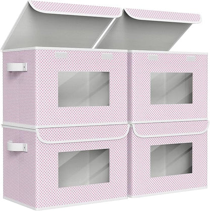 Univivi Fabric Foldable Storage Boxes [4-Pack] Large Collapsible Stackable Storage Bins with Lids, Closet Organizers and Storage Cube Basket for Home, Office, Bedroom (Pink, 17”x 12” x 12”)