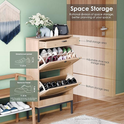 Yechen Shoe Rack Storage Organizer with 2 Natural Semi-Circular Rattan Doors, Entryway Wooden Shoe Cabinet for Sneakers, Leather Shoes, High Heels, Slippers (2 Piece, Oak)