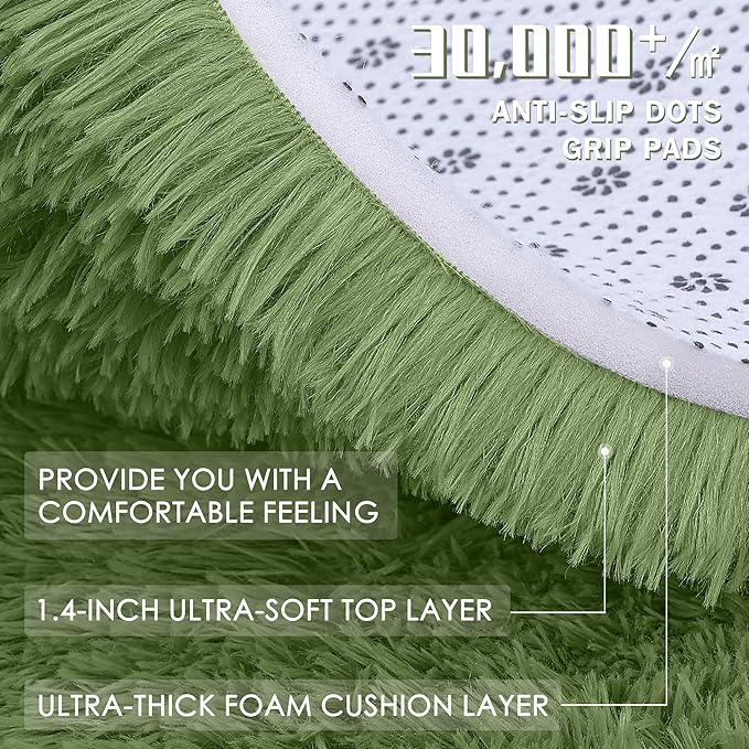 OLANLY Green Round Rugs for Bedroom - Machine Washable, 3 ft Circle Area Rugs for Living Room, Soft and Fluffy Shaggy Carpet for Teen Girl and Boys, Nursery Rooms, Dorms, Home Decor Aesthetic