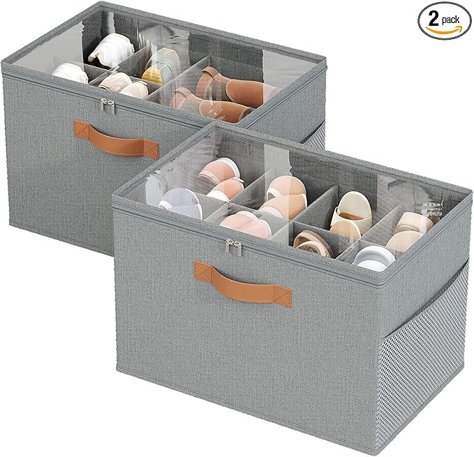 2 Pack Shoe Organizer for Closet,Foldable Shoe Storage Organizer with Adjustable Dividers, Shoe Storage Box with Clear Cover, Fits up to 16 Pairs, Gray
