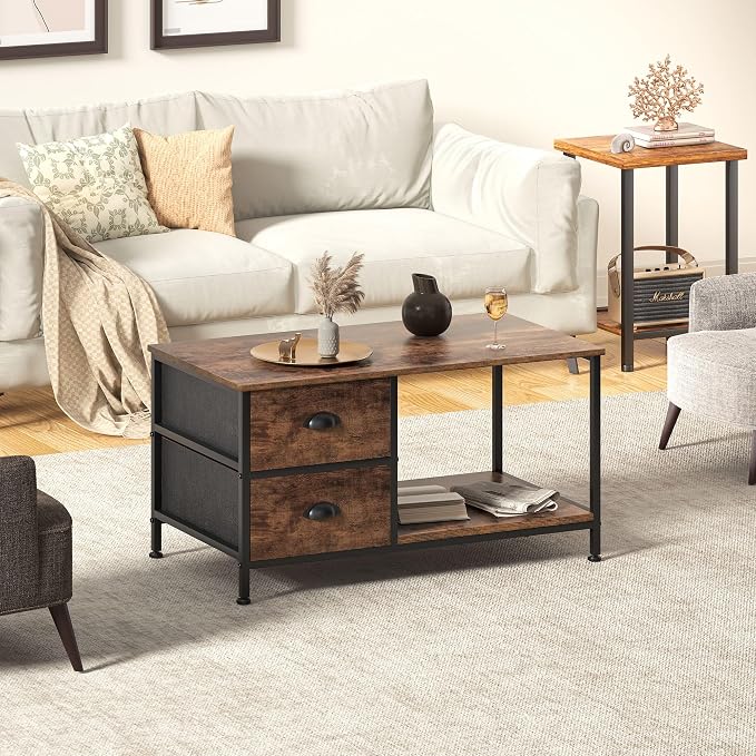 SENIG Coffee Table with Drawers, Coffee Table for Living Room, 2-Tier Coffee Tables with Storage Drawers，Brown Coffee Tables for Small Spaces, Rectangle Wood Ttable, Metal Side End Table