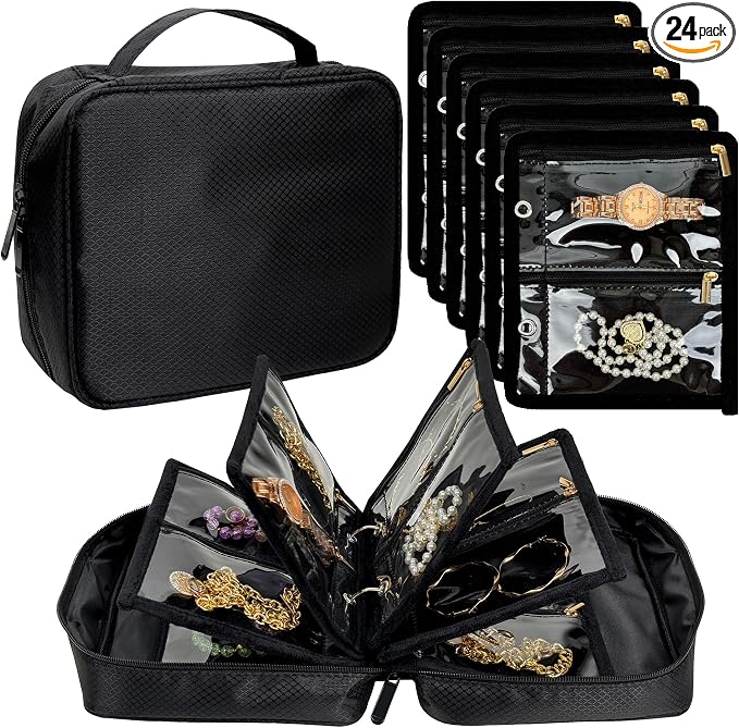 Travel Jewelry Organizer Case,Jewelry Bags for Traveling, Jewelry Binder with 24 Pcs Clear Zipper Velvet Pouches for Storing Earrings, Rings, Necklace, Bracelet, Watch (Black)
