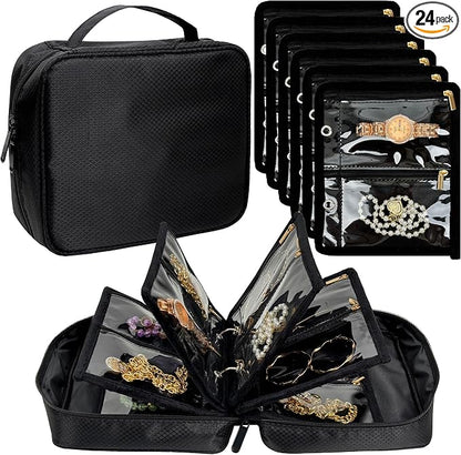 Travel Jewelry Organizer Case,Jewelry Bags for Traveling, Jewelry Binder with 24 Pcs Clear Zipper Velvet Pouches for Storing Earrings, Rings, Necklace, Bracelet, Watch (Black)