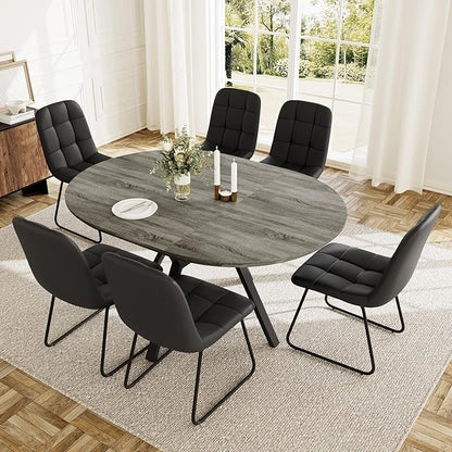Extendable Round Dining Table Set for 6 People, 43.3"-59.1" Extendable Kitchen Table with 6 Upholstered Chairs, Space Saving for Kitchen Dining Room (Grey Table+6 U-Shaped Black Chairs)