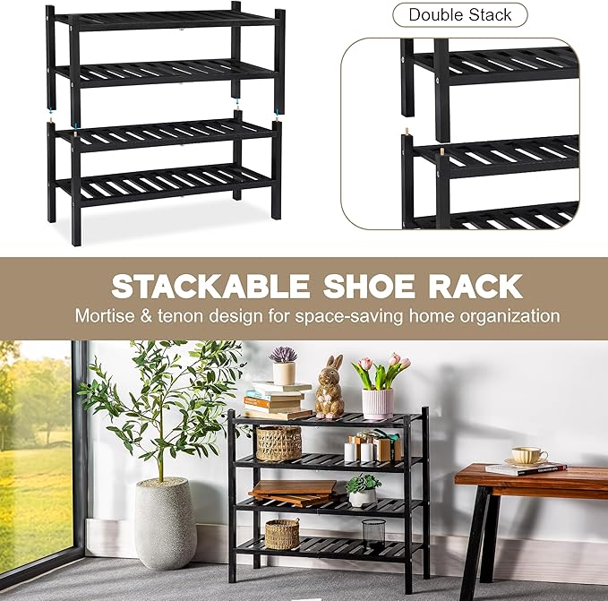 2 Tier Acacia Wood Shoe Rack, Shoe Storage Shelf, Stackable Organizer for Closet, Entryway Shoe Stand, Hallway, Garage, Wooden Shoe Storage Rack, Indoor, Outdoor (Black)