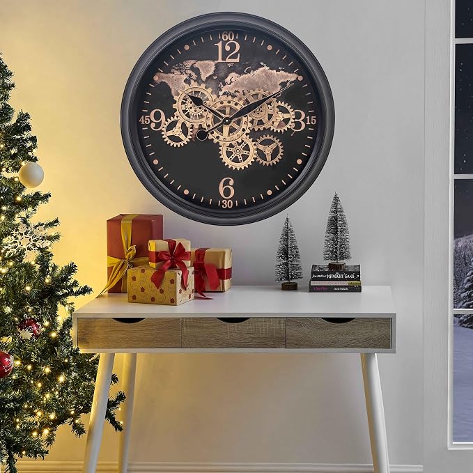 CLXEAST 24 Inch Moving Gear Wall Clock with World Map Pattern,Large Black Gold Metal Wall Clock for Modern Farmhouse Living Room Decor,Reloj De Pared para Sala