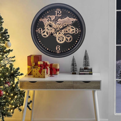 CLXEAST 24 Inch Moving Gear Wall Clock with World Map Pattern,Large Black Gold Metal Wall Clock for Modern Farmhouse Living Room Decor,Reloj De Pared para Sala