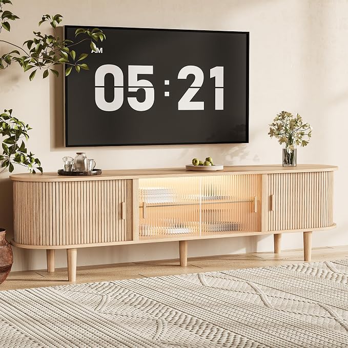 70" Fluted TV Stand with LED Lights for TVs up to 75 Inch, Mid Century Modern Entertainment Center with Sliding Doors & Glass Shelf, TV Console Table Media Console for Living Room, Natural Oak