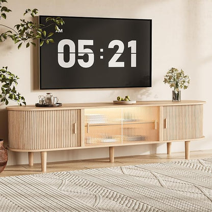70" Fluted TV Stand with LED Lights for TVs up to 75 Inch, Mid Century Modern Entertainment Center with Sliding Doors & Glass Shelf, TV Console Table Media Console for Living Room, Natural Oak