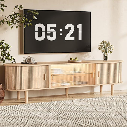 70" Fluted TV Stand with LED Lights for TVs up to 75 Inch, Mid Century Modern Entertainment Center with Sliding Doors & Glass Shelf, TV Console Table Media Console for Living Room, Natural Oak