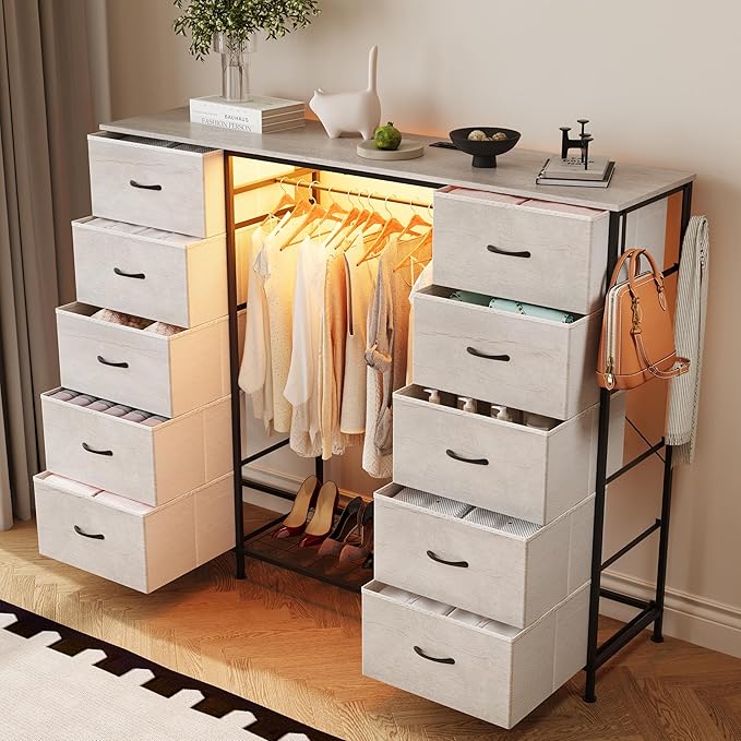 LUMTOK 55W 2-in-1 Dresser with Hanging Rack, 10 Drawers Dresser for Bedroom,Dressers with Fabric Drawers,LED Lights, Charging Station and Hanging Racks for Bedroom (Greige)