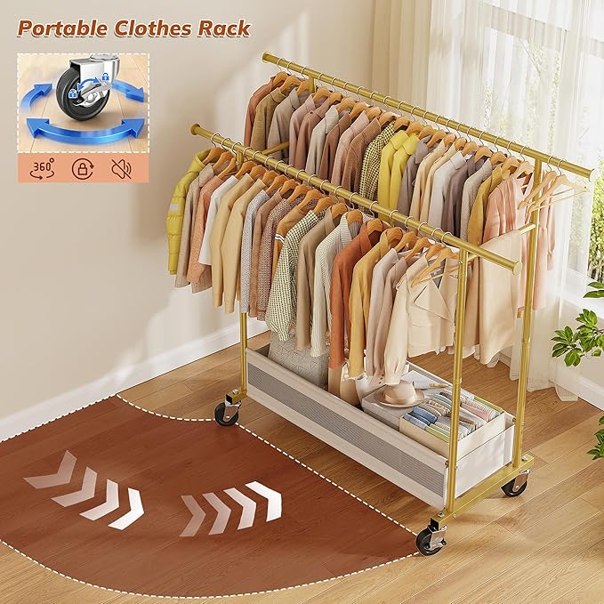 Clothes Rack, Clothing Racks for hanging clothes, Rolling clothes rack with Storage Basket & Heavy Duty Wheels, Double rods clothing rack for Bedroom, Laundry Room, Gold