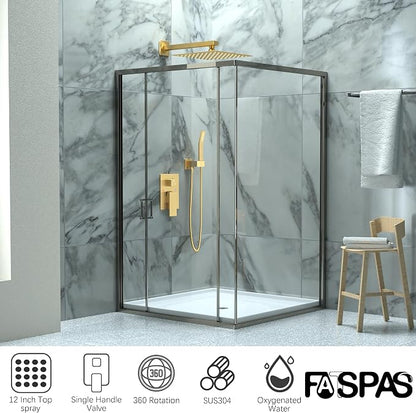 Brushed Gold Shower System with 12-Inch Rain Showerhead and Handheld | Innovative air-injection technology for low pressure, high-flow rate up to 3.22 GPM ensuring powerful consistent stream
