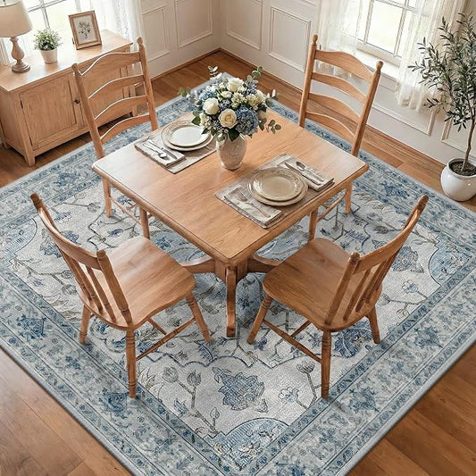 RELEANY Area Rugs Square 8ft Washable Non-Slip, Floral Vintage Distress Medallion Carpet for Living Room Bedroom Dining Room, Light Blue Navy Gray White