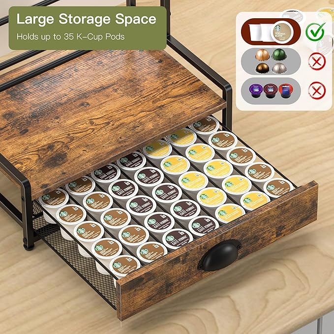 Coffee Syrup Rack Organizer, 2 Tier Countertop Storage Shelves with 35 K Cup Drawer, 8 Syrup Bottle Stand Holder for Wine, Kitchen Coffee Station Organizer Rack, Rustic Brown