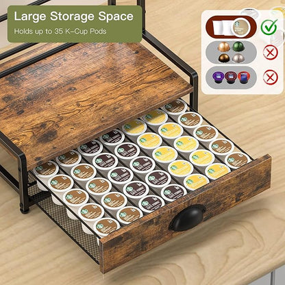 Coffee Syrup Rack Organizer, 2 Tier Countertop Storage Shelves with 35 K Cup Drawer, 8 Syrup Bottle Stand Holder for Wine, Kitchen Coffee Station Organizer Rack, Rustic Brown