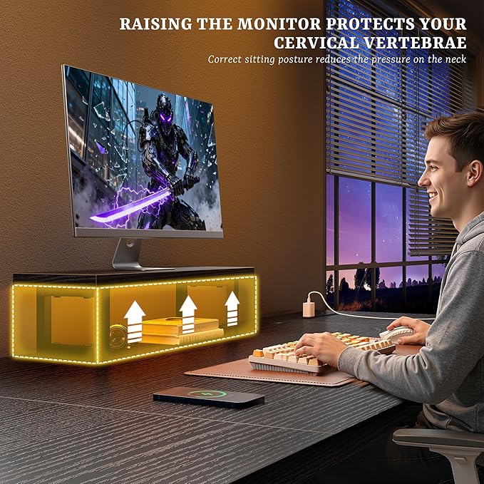 63 Inch Gaming Desk with 0.95 Inch Thicker Desktop, Computer Desk with Power Outlets & Monitor Stand & LED Light & Storage Bag, Office Writing Desk for Home Office, Study, Bedroom, Black