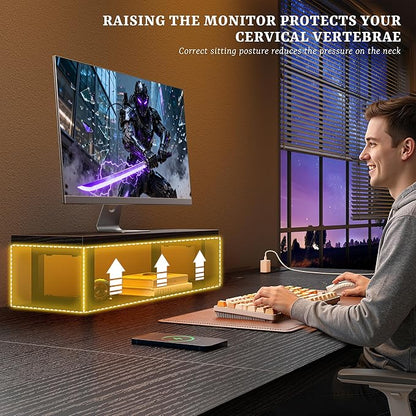 Gaming Desk with Power Outlets & LED Light, Computer Desk with Monitor Stand & 0.95inch Thicker Desktop & Storage Bag, Writing Desk for Home Office, Study, Bedroom, Black