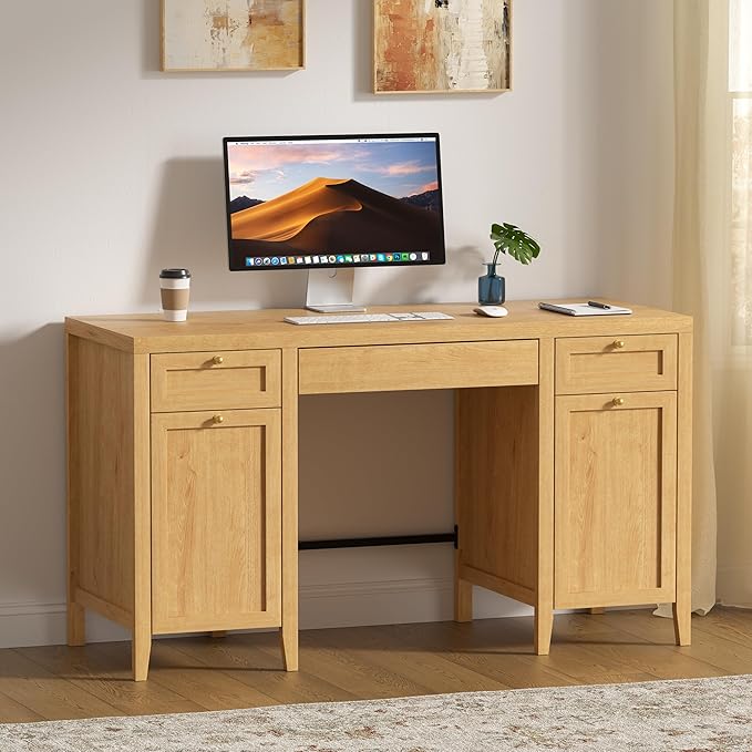 52" Executive Desk with Storage Drawer, Farmhouse Home Office Desk with Storage Cabinet Wood Computer Writing Desk for Study Office, Natural Oak