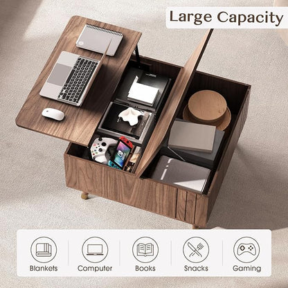 JOINICE 32" Square Lift Top Coffee Table with Storage,Mid Century Modern Walnut Center Table with Rising Desktop for Living Room, Brown Wood Finish