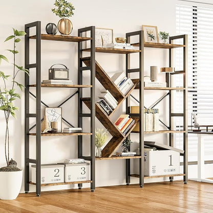 INNOD Triple 4 Tier Book Shelf, Large Industrial Bookcase with Storage Cabinet, Tall Bookshelf with Open Display Shelves Furniture for Living Room Bedroom Home Office Rustic Brown