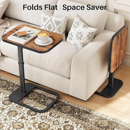 Kitstorack TV Tray Table, Adjustable Height & Flip-Top & Rounded Metal Corners, Snack Table for Couch, Sofa, Bed, Chair, Living Room, C Shaped End Side Table for Eating, Dinner or Laptop, Small Spaces