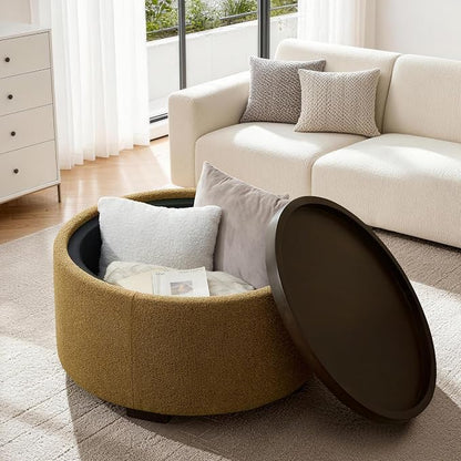 Zihanhome 30 Inch Round Storage Ottoman, Ottoman Coffee Table with Lift Off Lid, Boucle Modern Ottomans with Storage for Living Room, Bedroom, Apartments (Yellow)