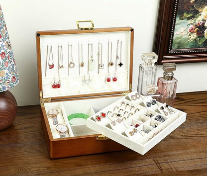 Solid Walnut Wood Jewelry Box with Lock, 2-Layer Vintage Jewelry Organizer for Men Women, Velvet-Lined Storage Chest with Key Lock (Beige)