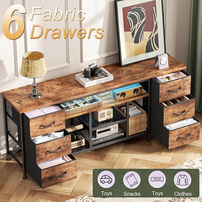 Furologee LED TV Stand for 55, 60 Inch TV, 55 Inch Entertainment Center with Power Outlets, 6 Drawers for Media Console with Open Shelves, Rustic Brown
