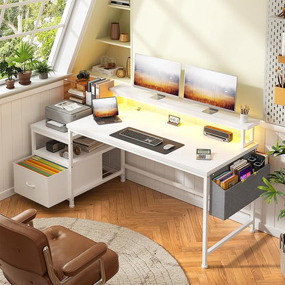 Computer Desk with Drawers,Office Desk with Printer Shelf & Monitor Stand,Gaming Desk with Power Outlets & LED Lights,Corner Table with Side Storage Bag, White