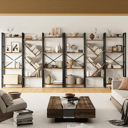 INNOD Triple 4 Tier Book Shelf, Large Industrial Bookcase with Storage Cabinet, Tall Bookshelf with Open Display Shelves Furniture for Living Room Bedroom Home Office Rustic Brown