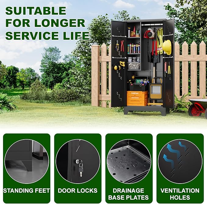 Garage Storage Cabinet 75" H,Tall Storage Shed with Lockable Doors and Stainless Steel Bottom, Black Tools Utility Chests for Office, Garage, Warehouses