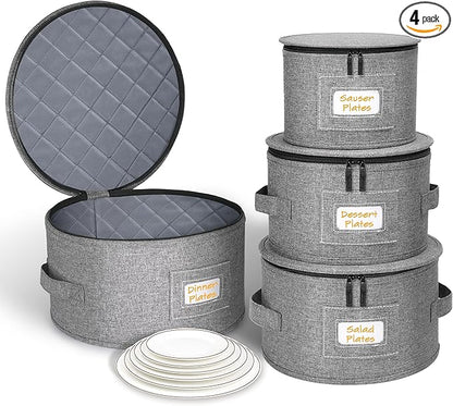 punemi China Storage Containers, Dish Storage w/Hard Shell Top Side Bottom Support & Felt Dividers for Charger Plates Dinnerware, Perfect for Moving Supplies, 4 set Stackable Fine China Storage, Gray